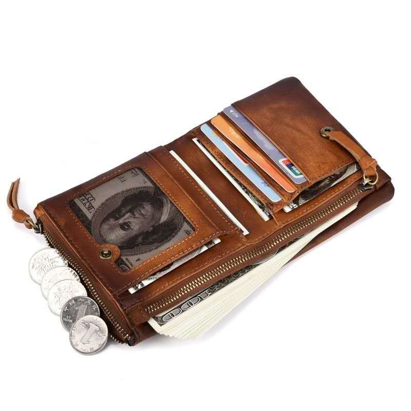 Vintage Leather Bifold Wallet with Zipper – Rustic Brown