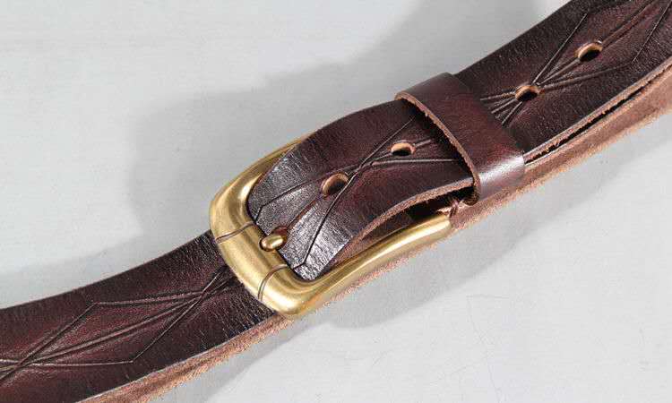 Vintage Patterned Leather Belt with Brass Buckle-Original Leather Belt