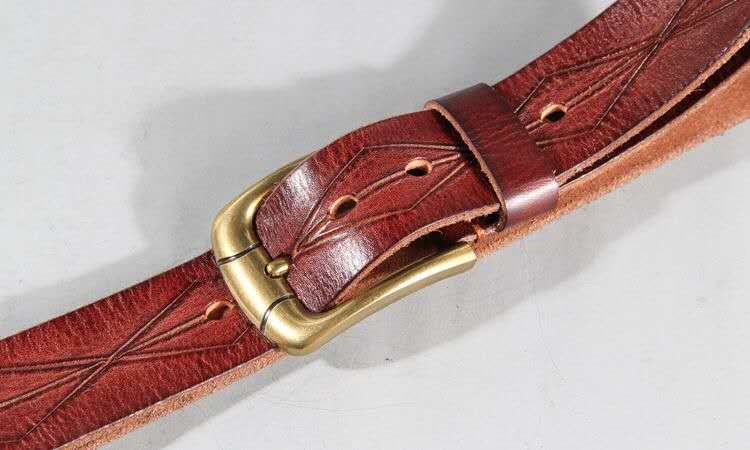 Vintage Patterned Leather Belt with Brass Buckle-Original Leather Belt