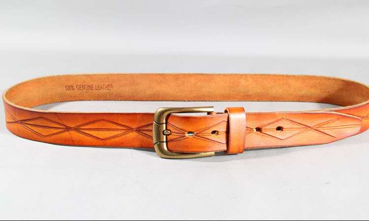Vintage Patterned Leather Belt with Brass Buckle-Original Leather Belt