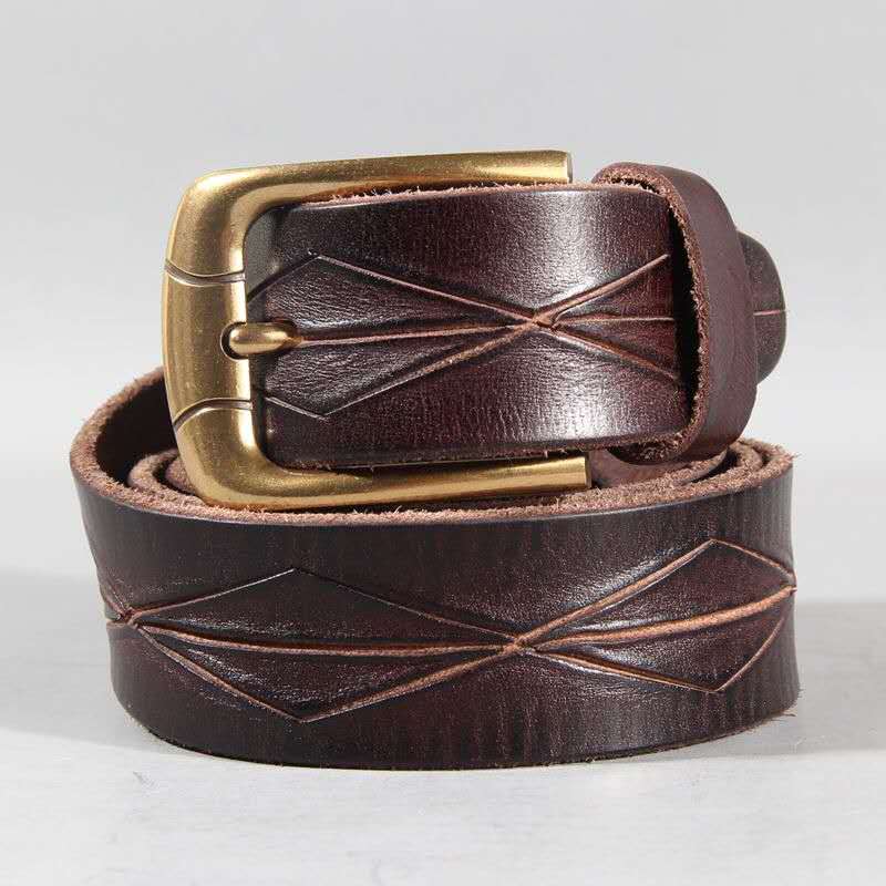 Vintage Patterned Leather Belt with Brass Buckle-Original Leather Belt