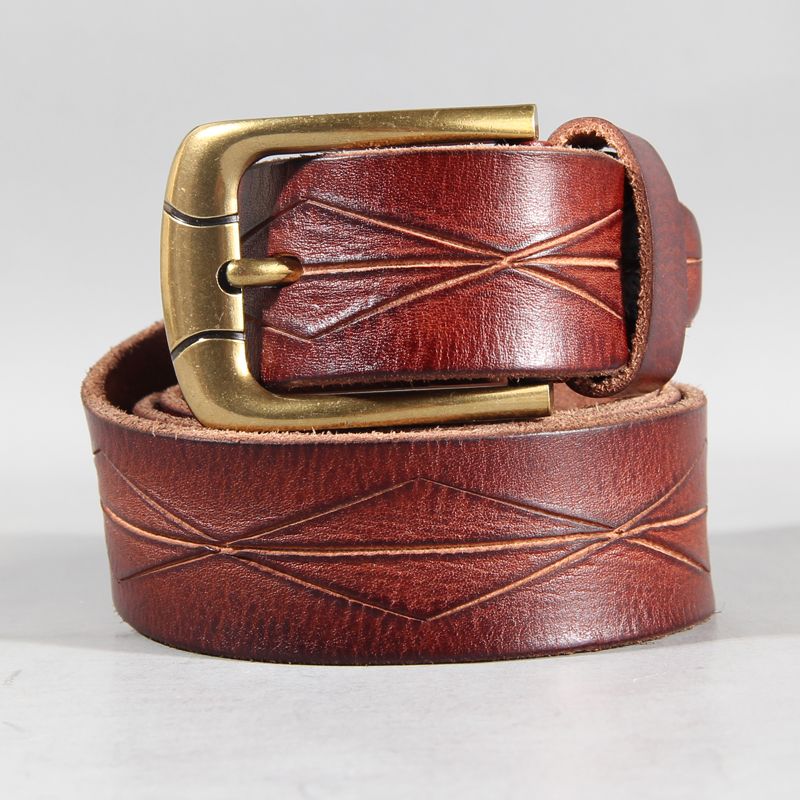 Vintage Patterned Leather Belt with Brass Buckle-Original Leather Belt