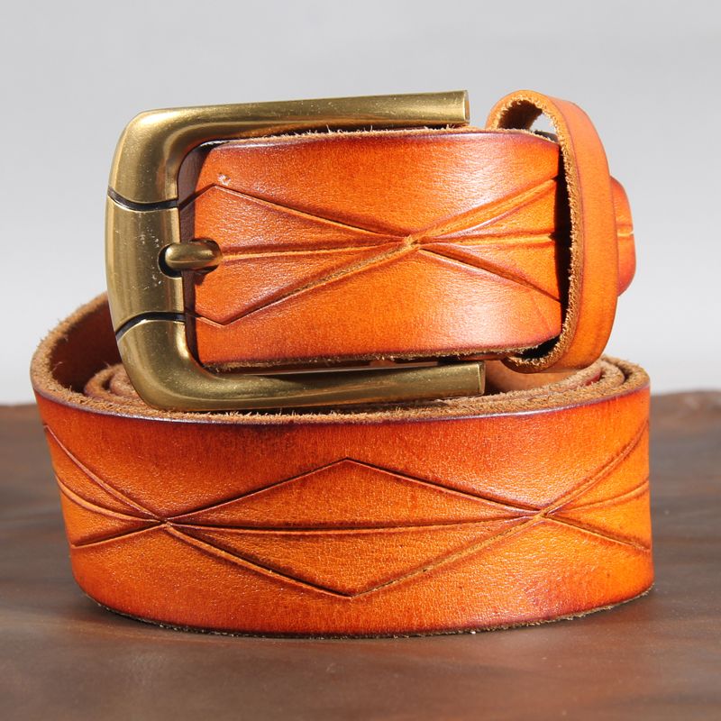 Vintage Patterned Leather Belt with Brass Buckle-Original Leather Belt