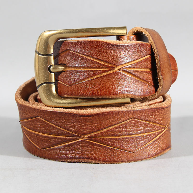 Vintage Patterned Leather Belt with Brass Buckle-Original Leather Belt