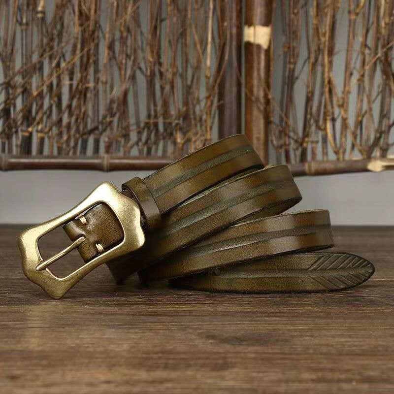 Vintage Handcrafted Leather Belt with Bold Brass Buckle-Original Leather Belt