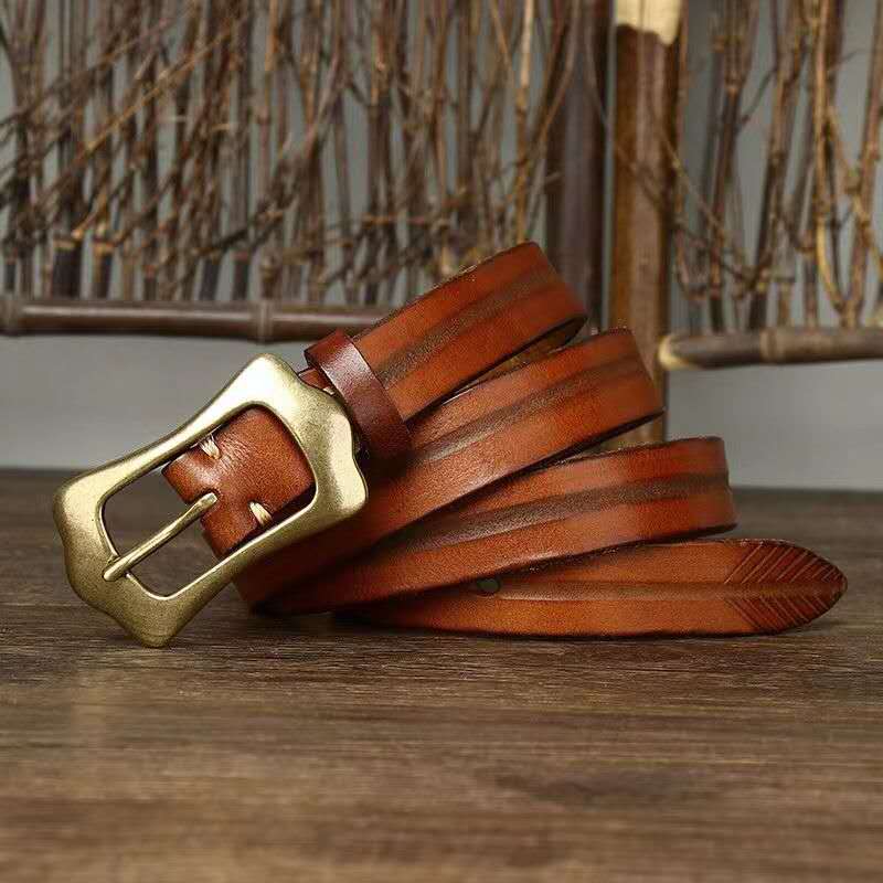 Vintage Handcrafted Leather Belt with Bold Brass Buckle-Original Leather Belt