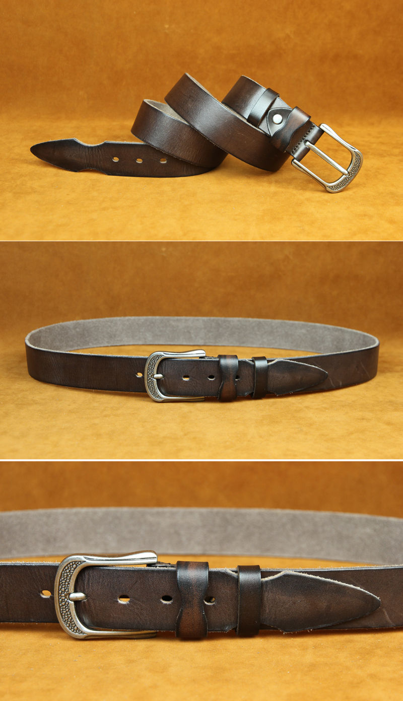 Vintage Full Grain Leather Belt with Textured Buckle – Classic Western Style for Men