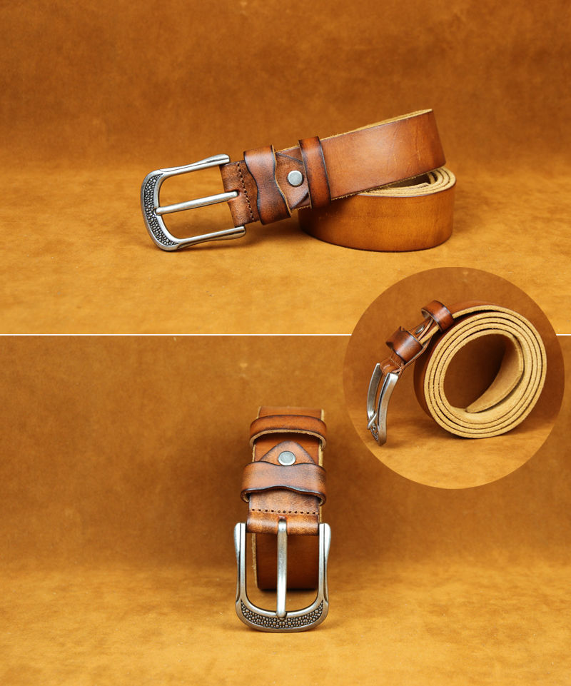 Vintage Full Grain Leather Belt with Textured Buckle – Classic Western Style for Men