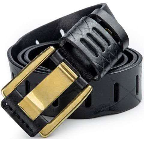 Vintage-Style Stitch Leather Belt with Gold Buckle-Original Leather Belt