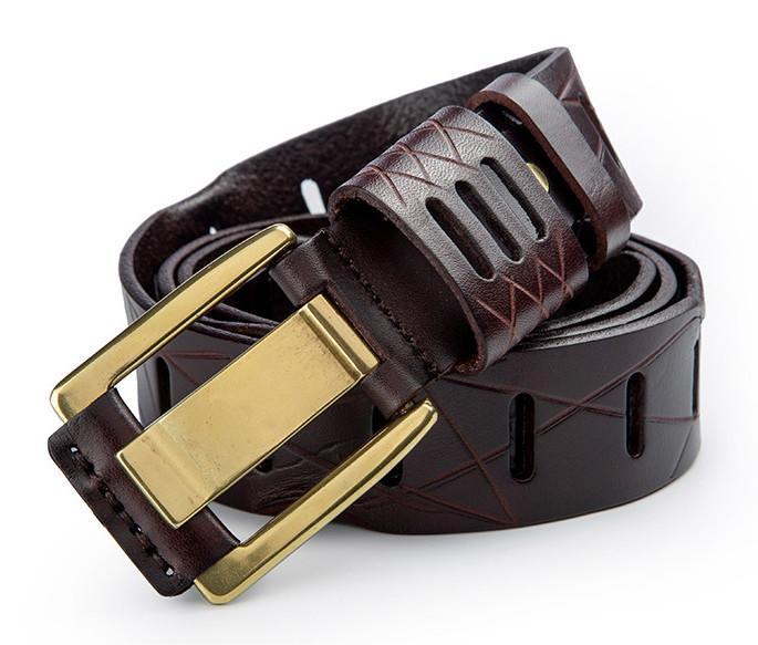 Vintage-Style Stitch Leather Belt with Gold Buckle-Original Leather Belt