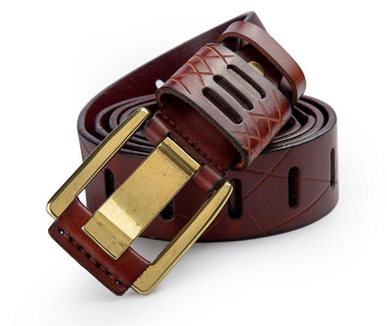Vintage-Style Stitch Leather Belt with Gold Buckle-Original Leather Belt