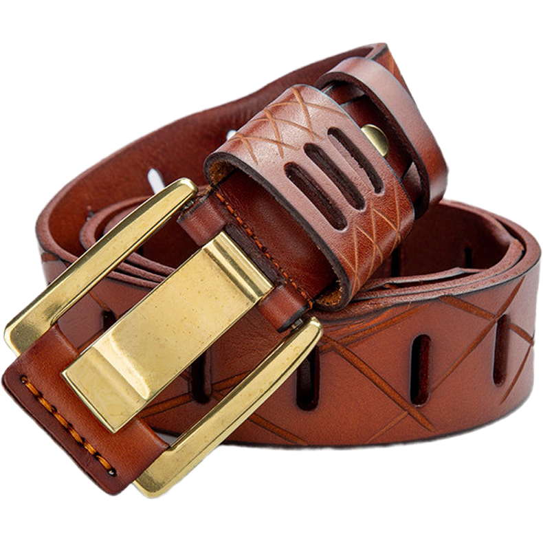 Vintage-Style Stitch Leather Belt with Gold Buckle-Original Leather Belt