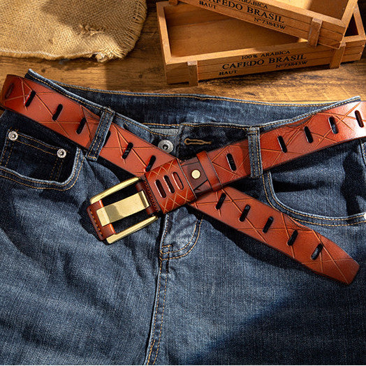 Vintage-Style Stitch Leather Belt with Gold Buckle-Original Leather Belt