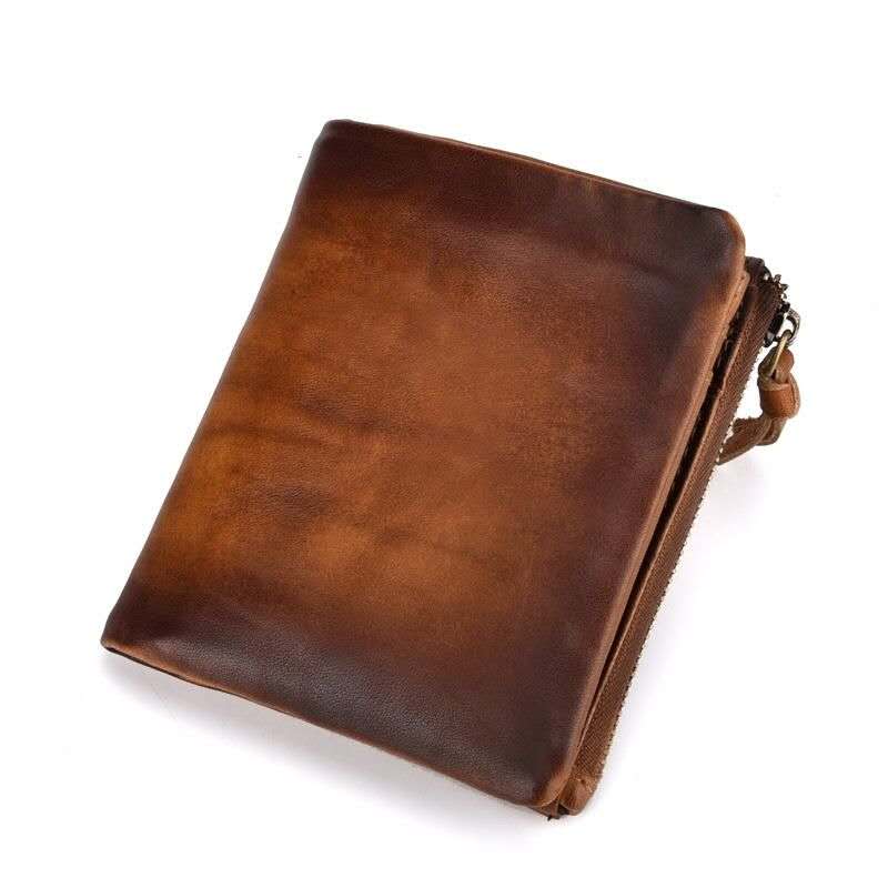 Vintage Leather Bifold Wallet with Zipper – Rustic Brown