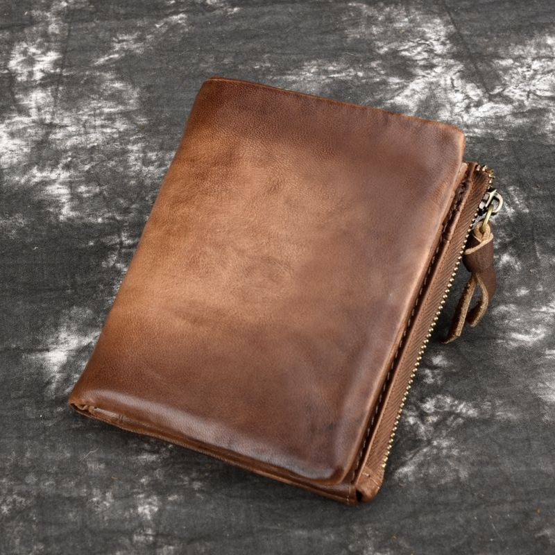 Vintage Leather Bifold Wallet with Zipper – Rustic Brown