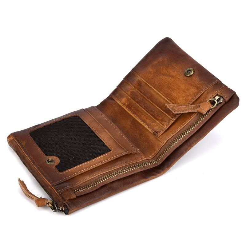 Vintage Leather Bifold Wallet with Zipper – Rustic Brown