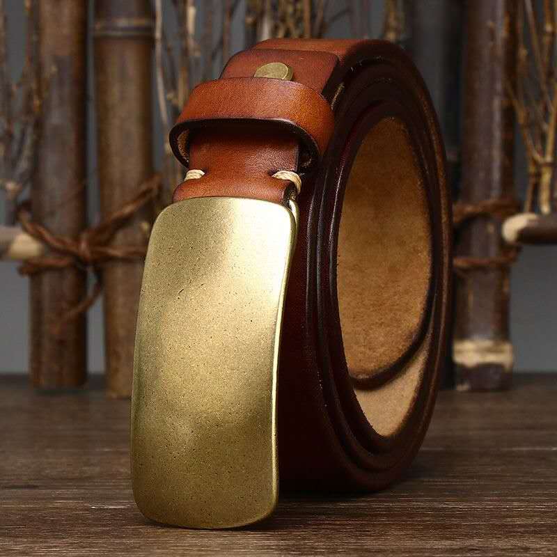 Vintage Brass Buckle Leather Belt-100% Full-Grain Cowhide Leather
