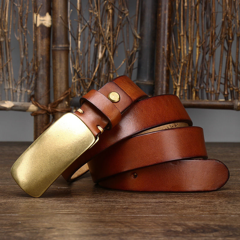 Vintage Brass Buckle Leather Belt-100% Full-Grain Cowhide Leather