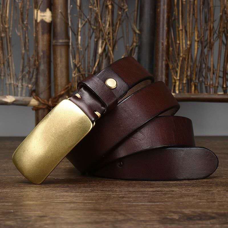 Vintage Brass Buckle Leather Belt-100% Full-Grain Cowhide Leather