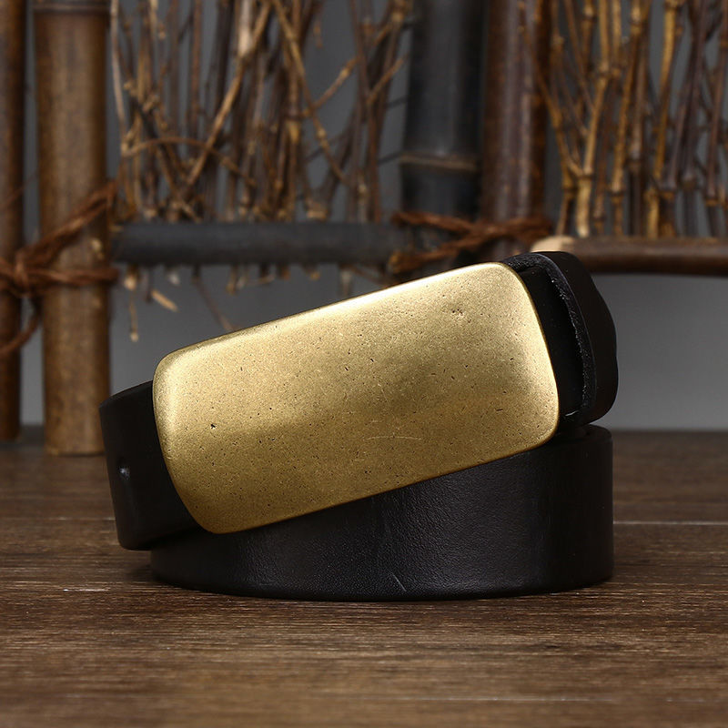 Vintage Brass Buckle Leather Belt-100% Full-Grain Cowhide Leather