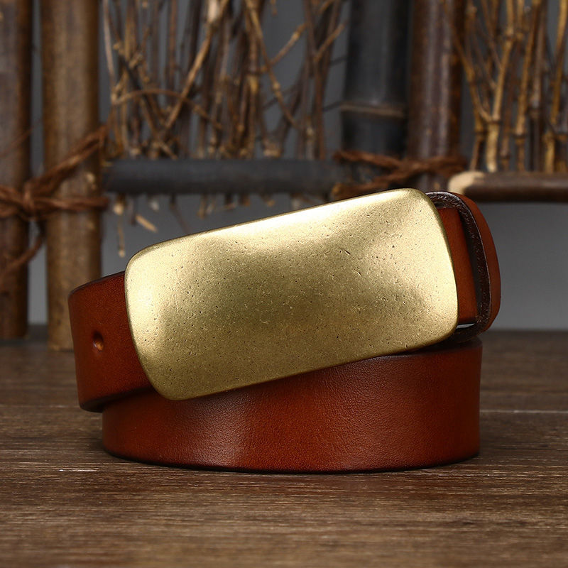 Vintage Brass Buckle Leather Belt-100% Full-Grain Cowhide Leather