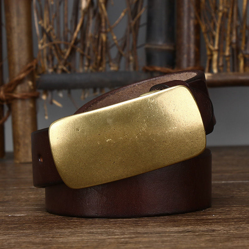 Vintage Brass Buckle Leather Belt-100% Full-Grain Cowhide Leather
