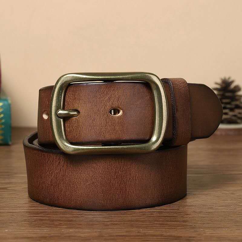 Vintage Full Grain Leather Belt – Brass Buckle-100% Full-Grain Leather