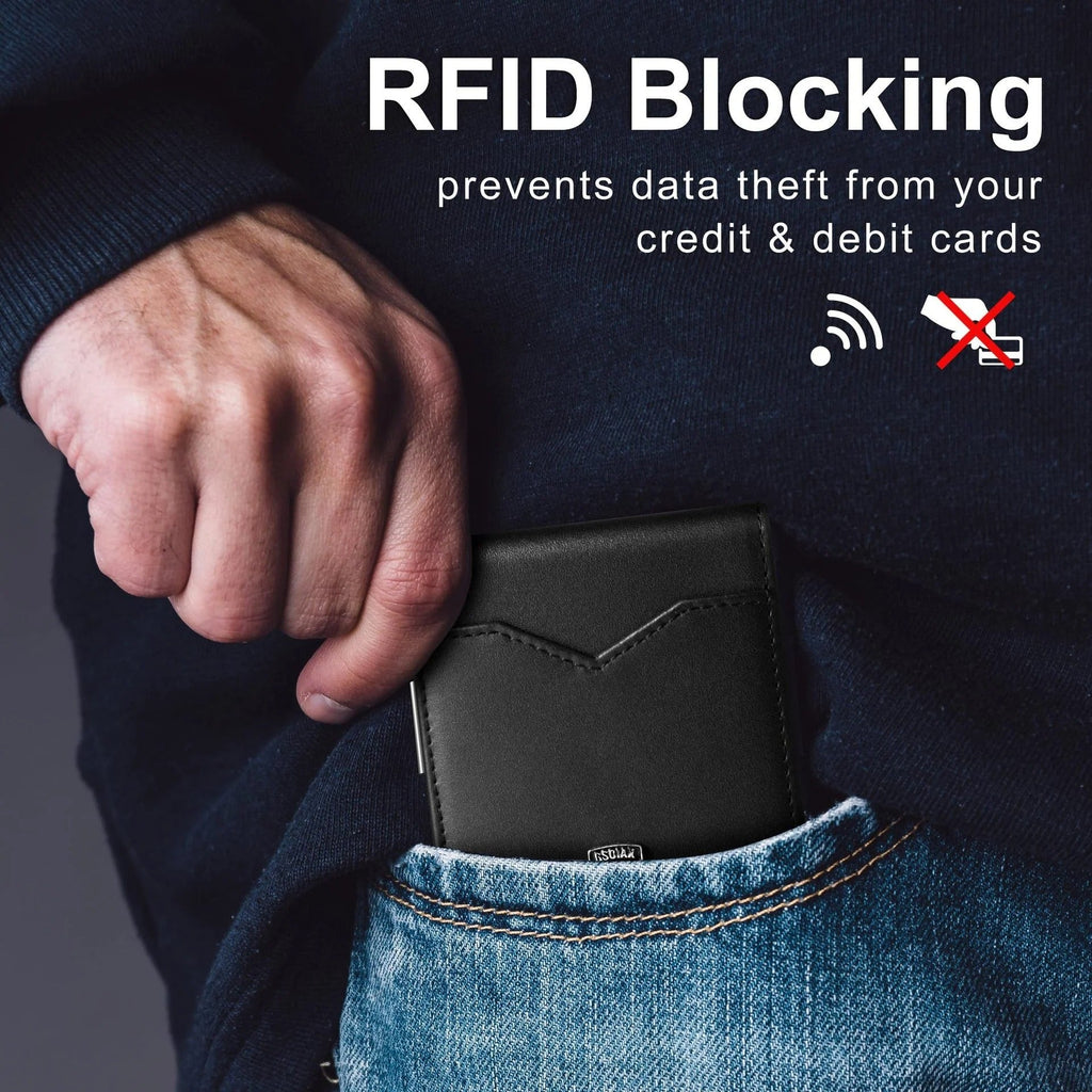 Men's Slim Leather RFID Blocking Wallet - Minimalist Carbon Fiber Bifold