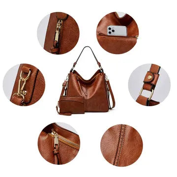 Luxury Leather Hobo Anti-Theft Handbag + Free Pouch Wallet